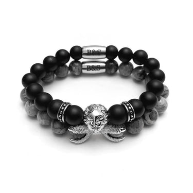 Man Bracelets - Men’s Beaded Bracelets - White Gold Lion with Black & Grey Stones Set - Men’s Bracelet Bracelet XS (14-15cm) Brother & Sisters
